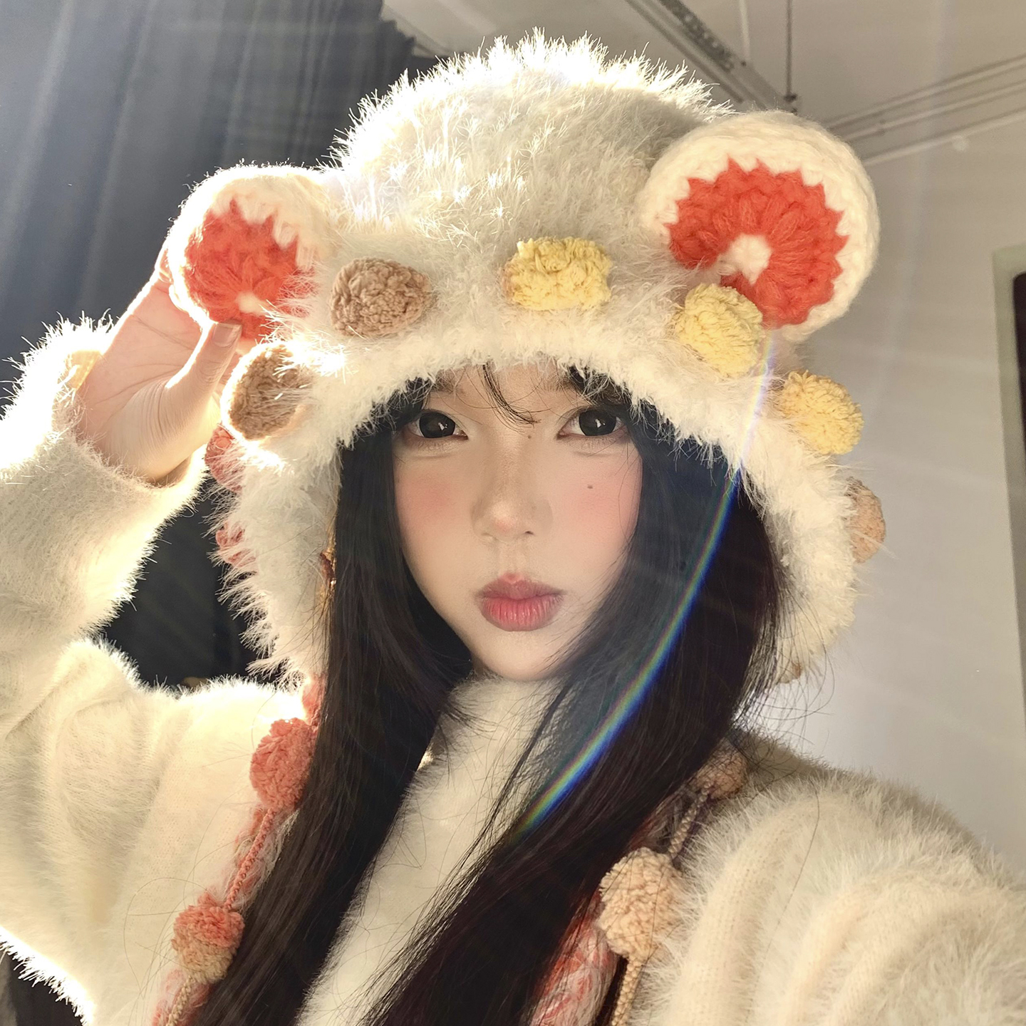 可爱流苏小熊耳朵毛绒护耳针织帽