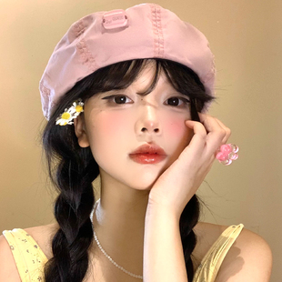 粉色贝雷帽女夏季薄款透气显脸小蓓蕾画家帽韩版大头围八角帽子潮