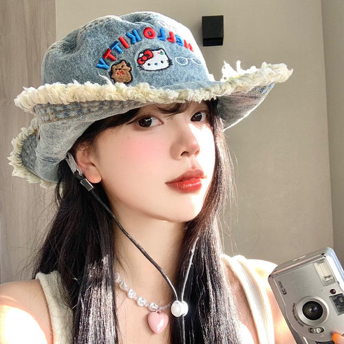 kitty猫水洗牛仔毛边渔夫帽女夏
