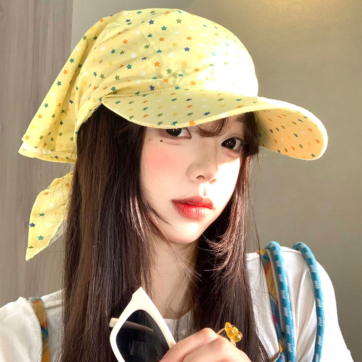 可爱星星绑带头巾帽子女夏季薄款韩系大头围显脸小遮阳防晒鸭舌帽