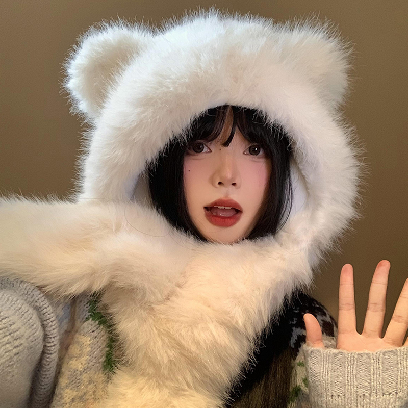 可爱小熊耳朵帽子围巾一体