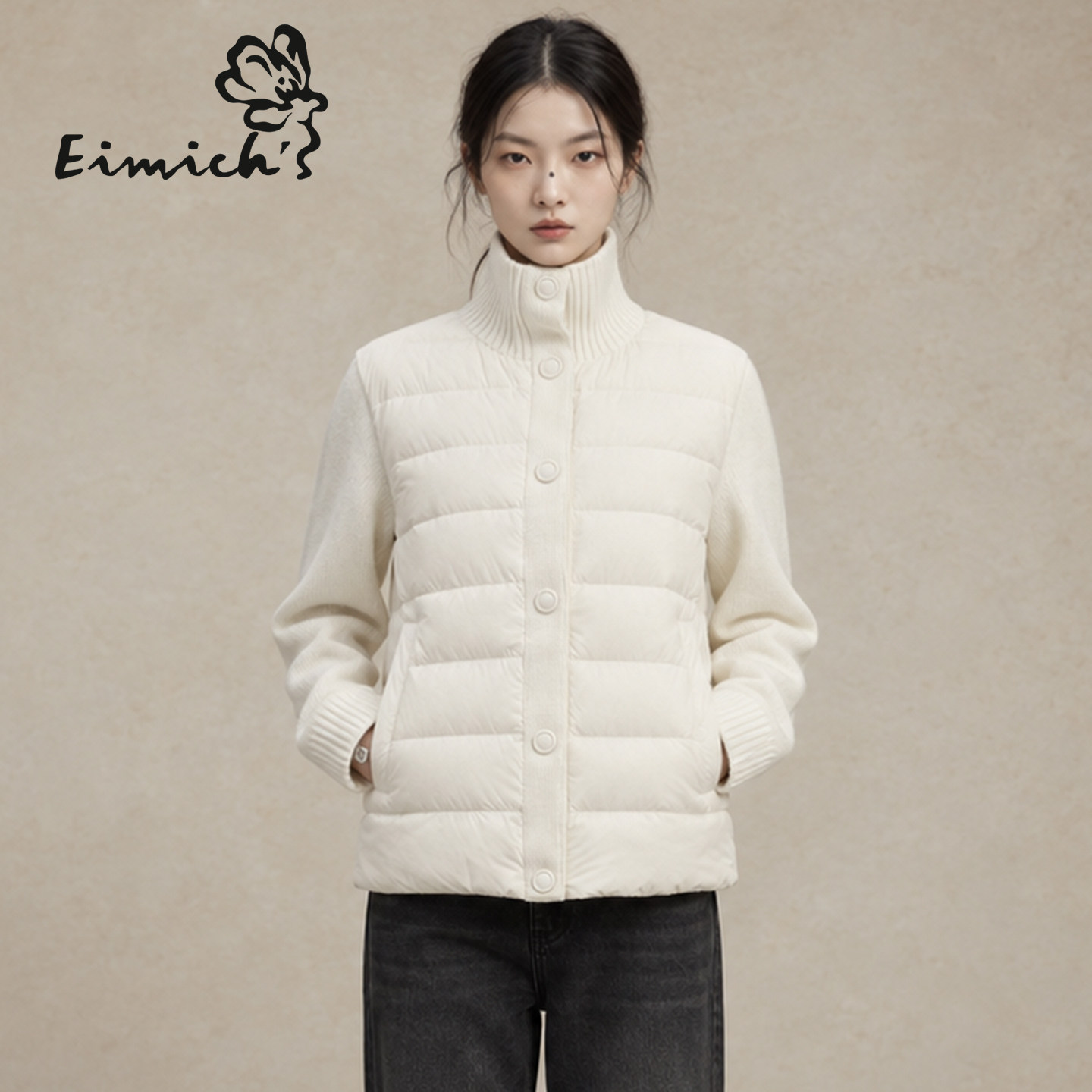 Eimich＇s/艾蜜雪针织拼接立领羽绒服女95鹅绒保暖外套2026冬新款
