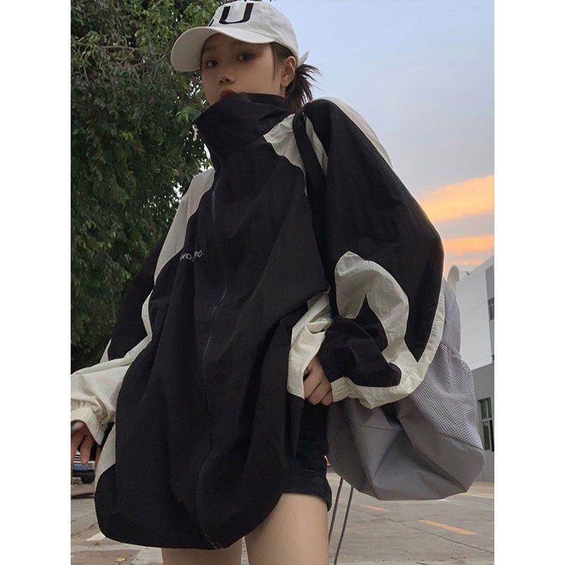 拼色冲锋衣外套女2023春夏新款黑色休闲运动拉链中长款防晒衣上衣