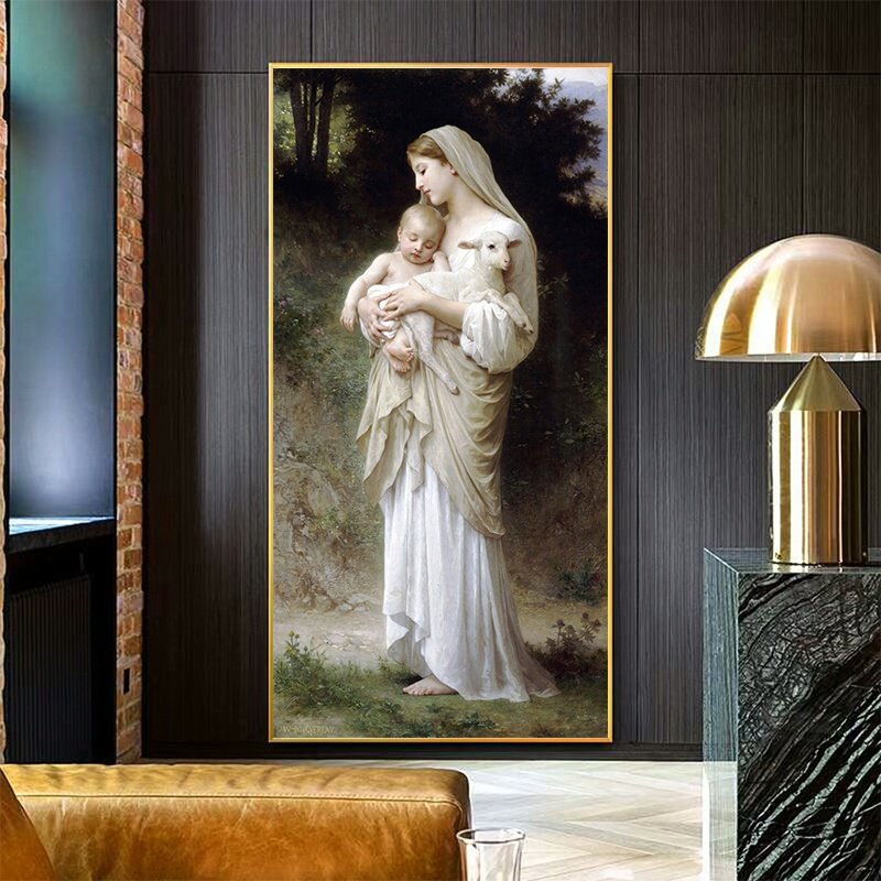 布格罗世界名画《羔羊》现代简约古典人物玄关装饰画《纯真》挂画