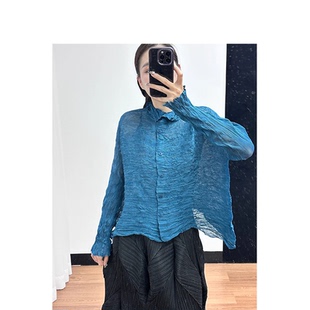 高級感百搭襯衫 三宅新款 寬松單排扣外套夏季 立領時尚 褶皺開衫 長袖