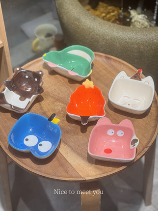 墨色卡通可爱陶瓷蘸料碟小碟子家用小吃盘菜碟吐骨头碟酱料调味碟