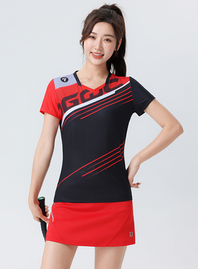 2025新品羽毛球服女夏季红色速干训练运动服短袖短裙套装比赛队服