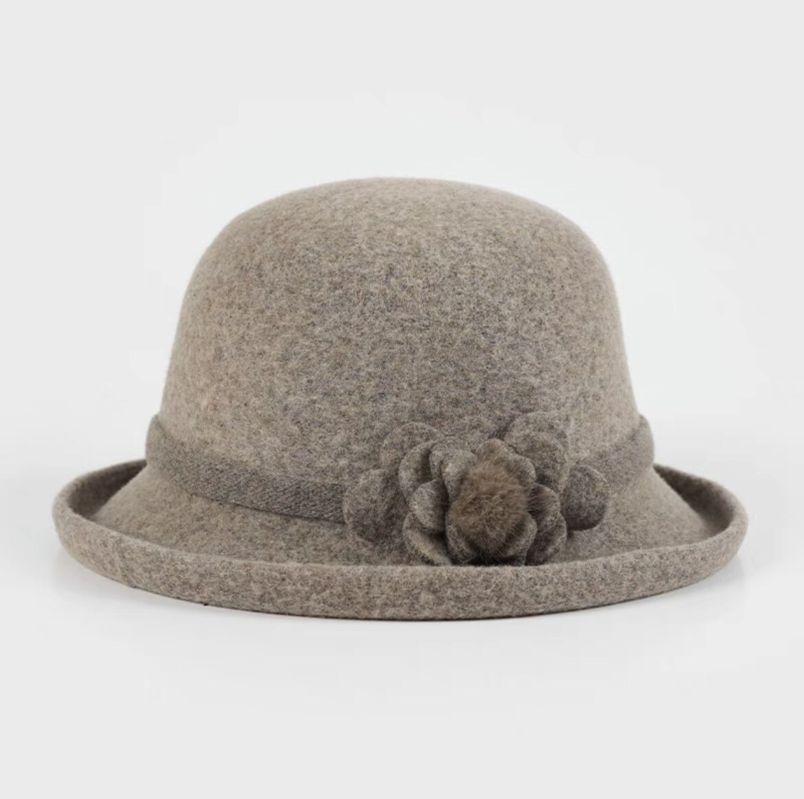 中老年羊毛呢卷边花朵渔夫帽子女秋冬季时尚百搭优雅保暖圆顶盆帽