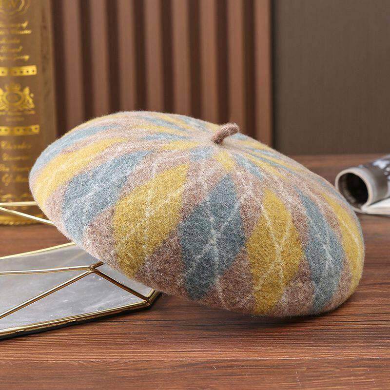 菱格纹羊毛贝雷帽时尚女士秋冬