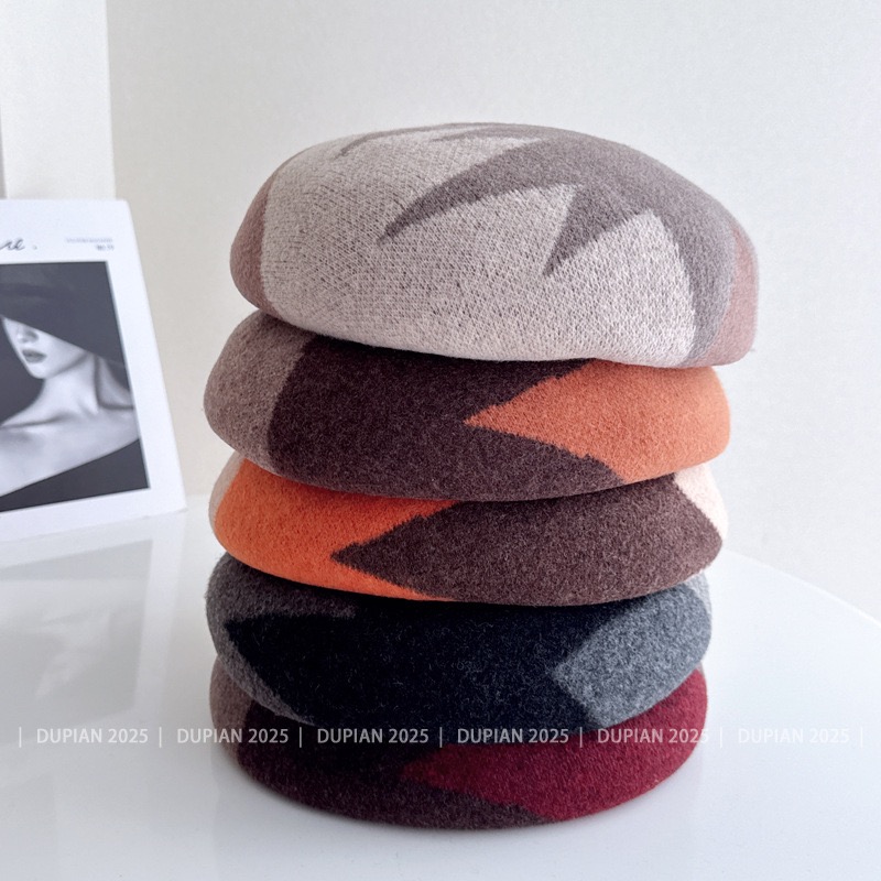 秋冬季新款羊毛呢蓓蕾帽女法式复古格纹显脸小帽子时尚百搭画家帽