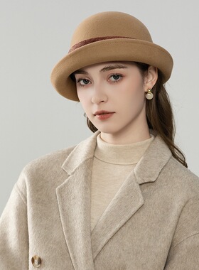 法式花朵盆帽秋冬新款澳洲羊毛保暖礼帽时尚优雅卷边毡帽女士帽子
