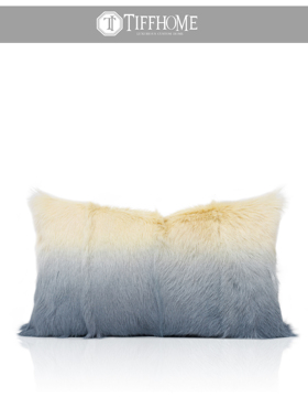 样板间简约现代渐变色淡蓝色真皮草山羊毛腰枕靠垫靠包套多色可选