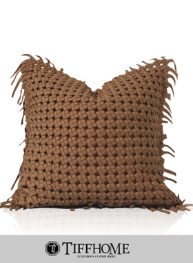TIFFHOME高级抱枕沙发客厅简约咖色手工编织皮轻奢样板间定制靠枕