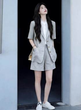 夏季亚麻感短袖小西装短裤套装