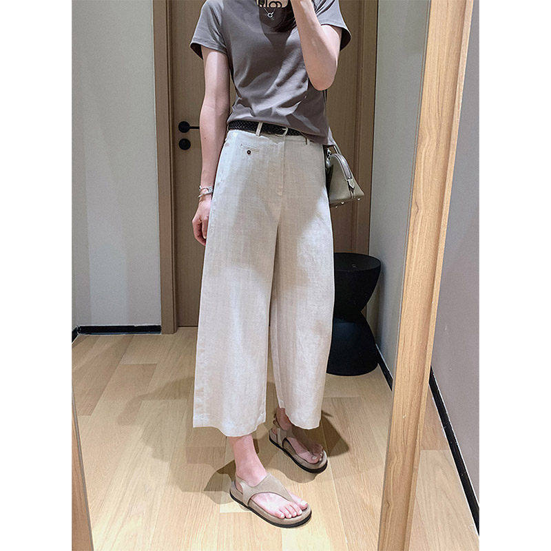 天丝亚麻休闲裤女夏季薄款凉感小个子百搭高腰垂感九分直筒阔腿裤
