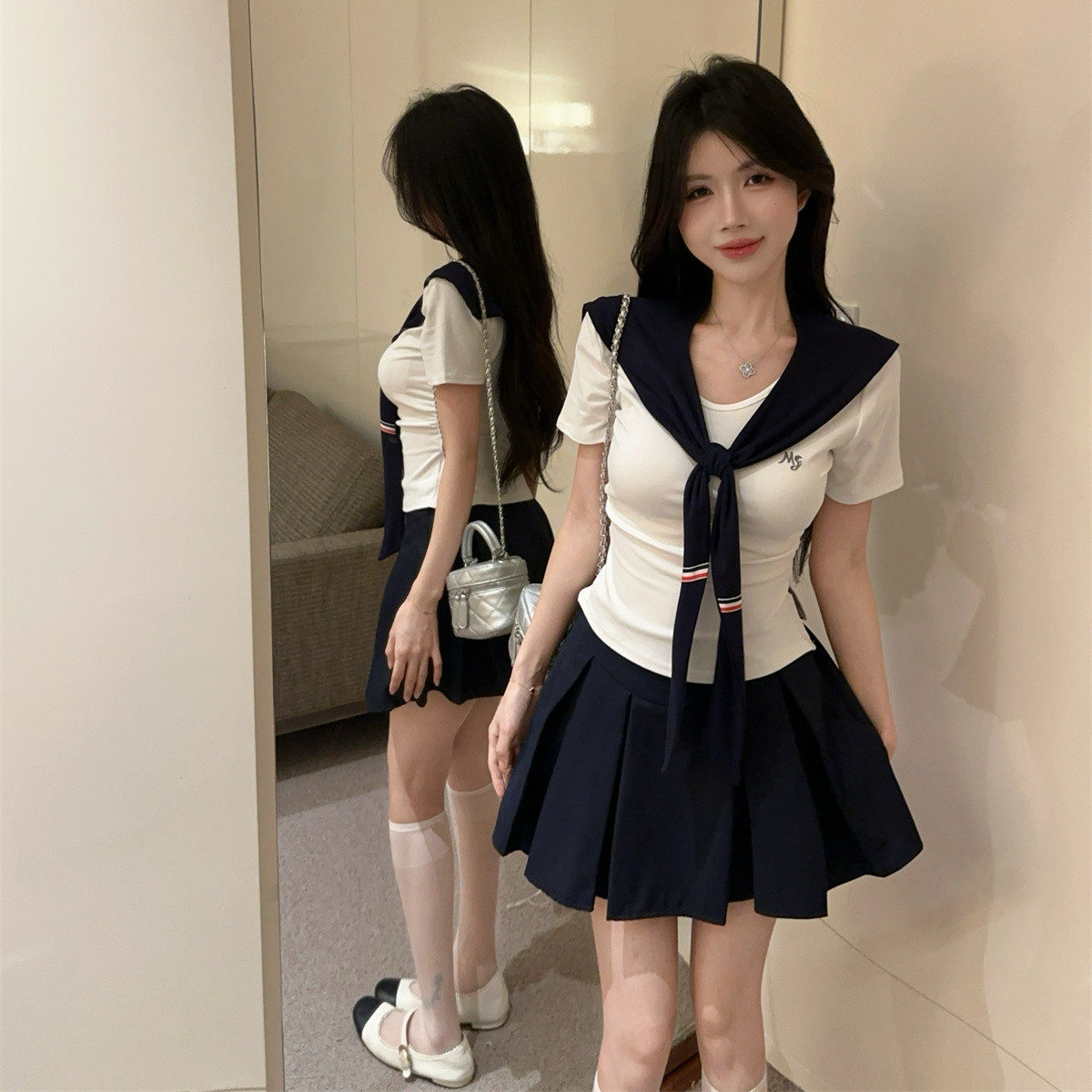 夏季jk制服套装女甜辣高级感收腰显瘦短袖披肩上衣半身裙两件套女