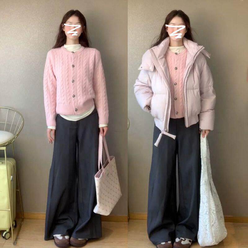 粉色短款麻花毛衣女早春2025年新款小个子慵懒风加厚针织开衫外