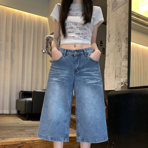 美式复古磨白七分牛仔裤夏季高腰宽松阔腿中裤短裤