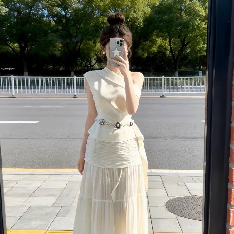 巨好看穿搭一整套装长裙2026新款夏季拼接斜肩上衣半身裙两件套女