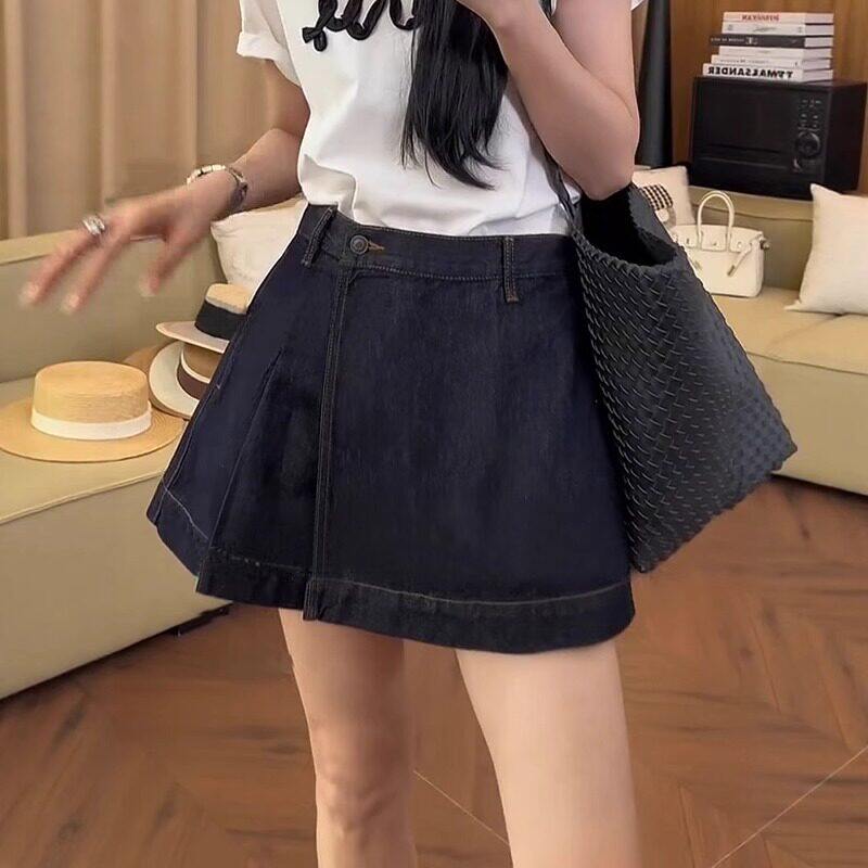 大码2026春夏季设计感高腰压褶牛仔裙裤女胖mm遮肚显瘦a字半身裙