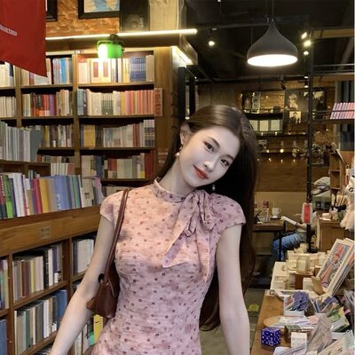凌茜恣禾粉蝶法式波点蝴蝶结连衣裙女夏收腰绝美开叉长裙套装