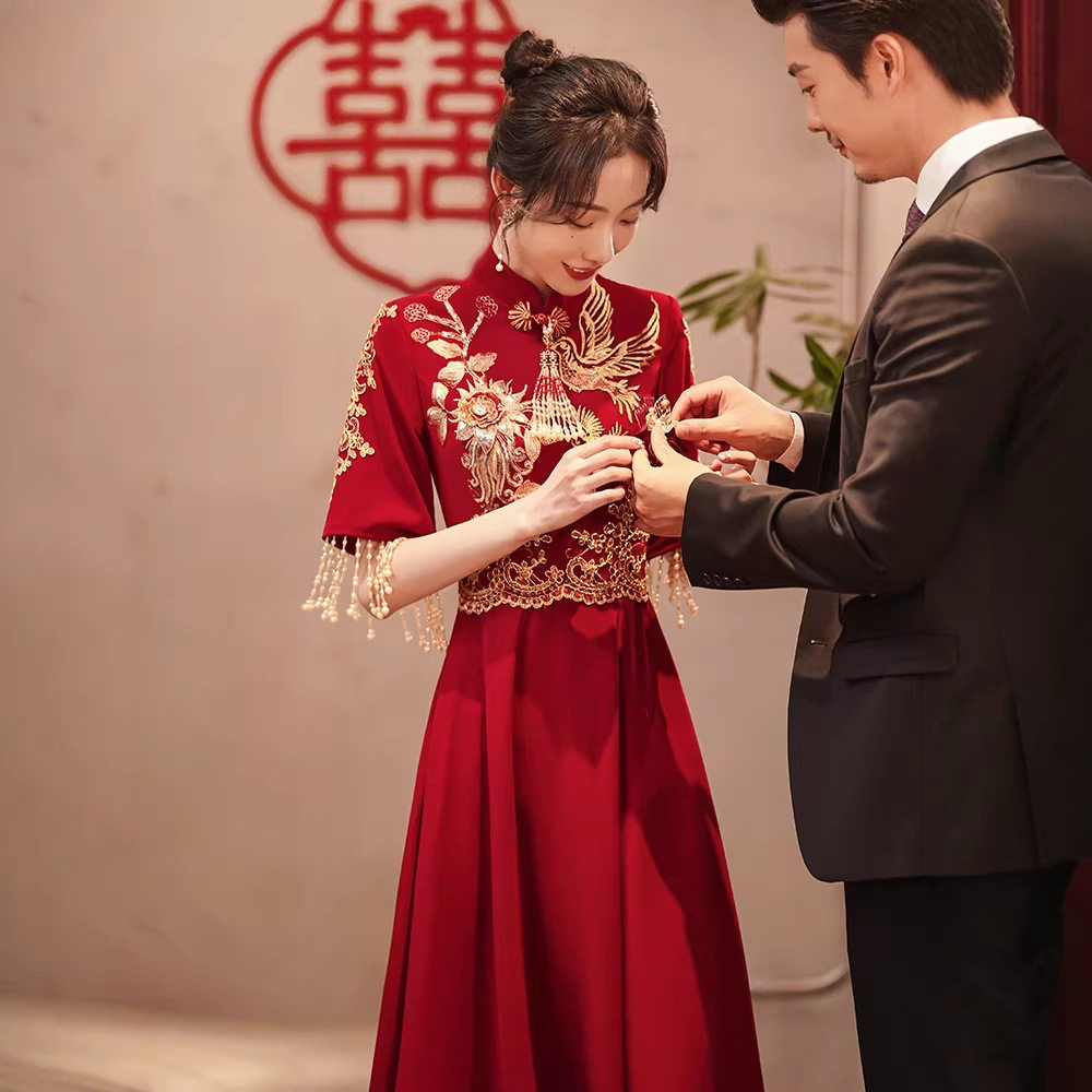 中式敬酒服新娘旗袍小个子酒红色结婚新娘晚礼服女订婚回门新中式