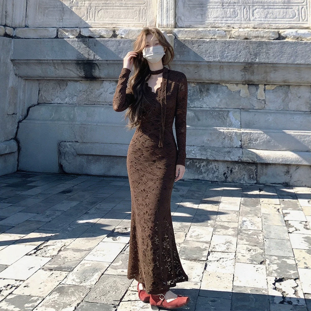Xxiiuu 时光絮语 秋季内搭打底裙v领蕾丝包臀鱼尾裙连衣裙女长裙