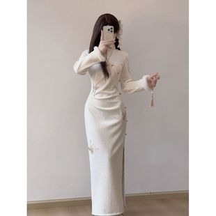 特别漂亮掐腰旗袍2025新款女秋冬季白色长袖新中式冬装改良连衣裙