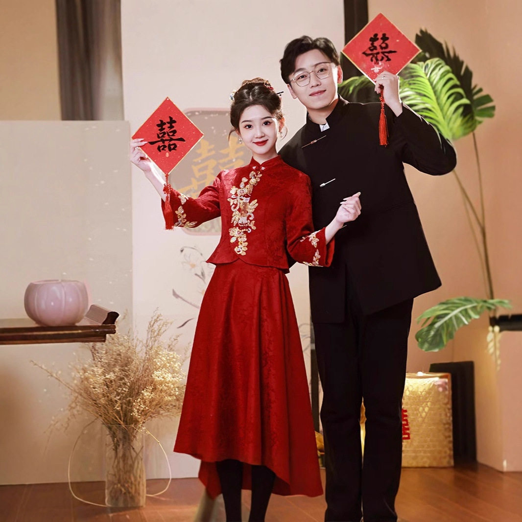 新中式两件套酒红色新娘敬酒服2026新款小个子订婚礼服裙结婚套装
