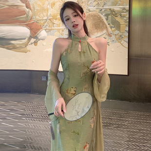 夏季新中式女装古风两件套装辣妹改良旗袍年轻款少女挂脖连衣裙子