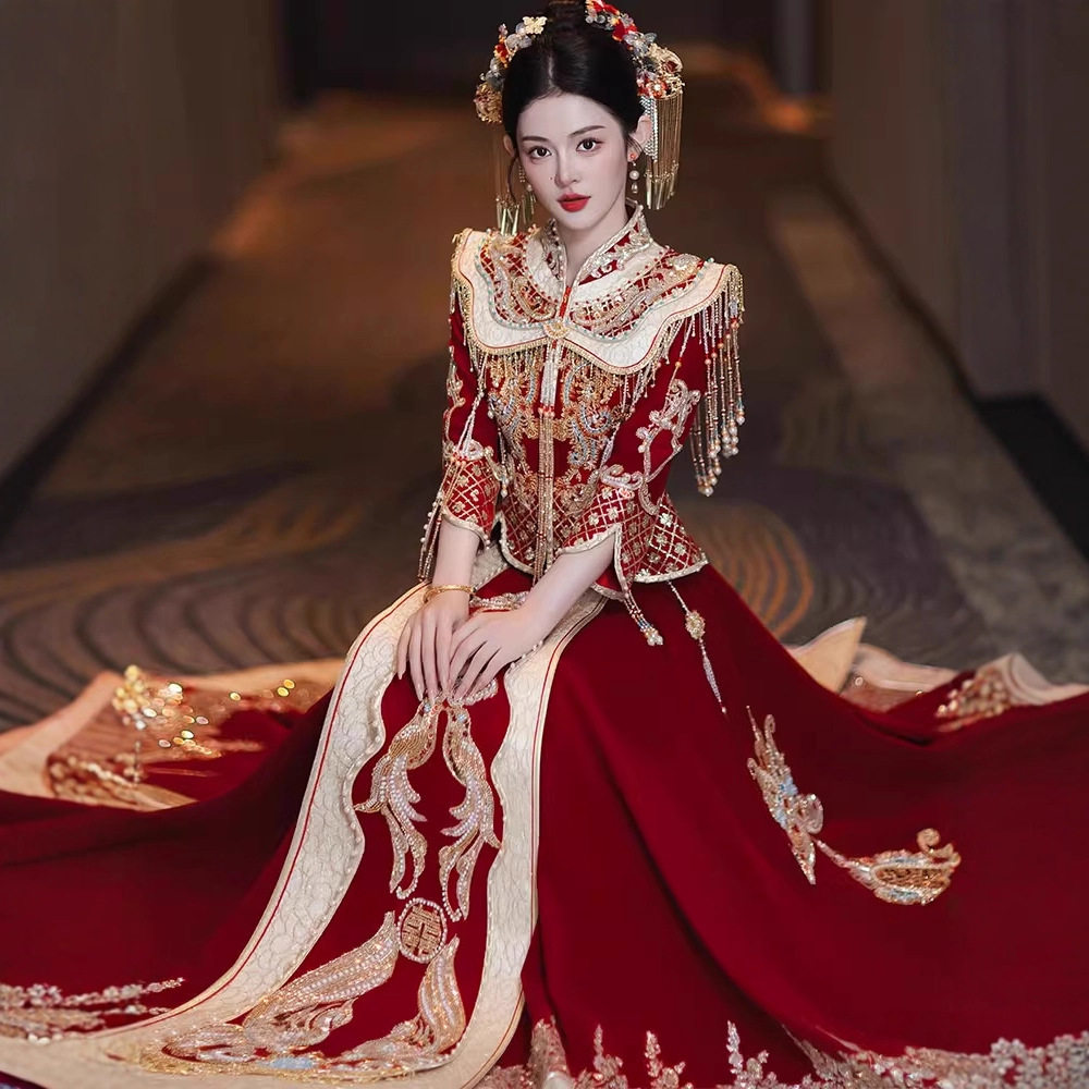 奢华丝绒秀禾服珠绣2026新款凤冠霞帔新娘结婚中式礼服重工出阁服