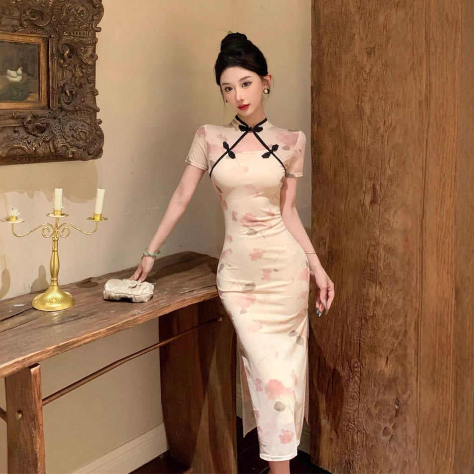 宴会晚礼服女2026夏装新款网红法式印花收腰显瘦网纱包臂开衩裙子