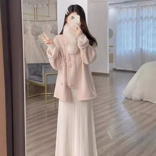 新中式粉色小香风外套女秋冬季2024新款小个子加厚中长款毛呢大衣
