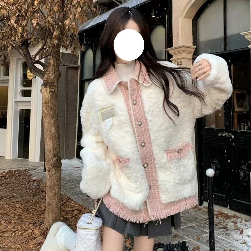 小香风羊羔毛外套女秋冬季新款拼接设计感百搭加厚宽松毛绒上衣潮