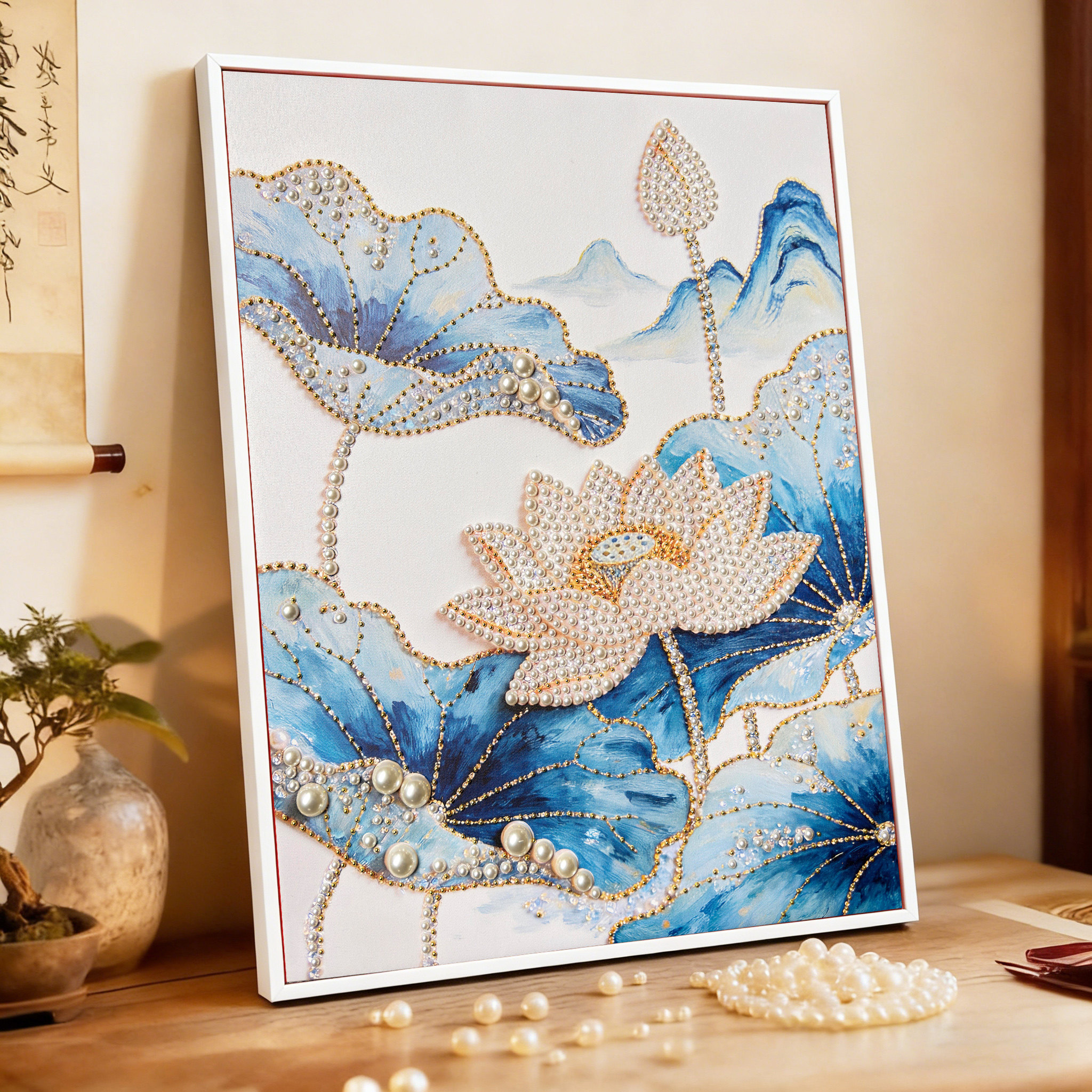 钻石荷花DIY珍珠画自带材料包新中式国风荷花自粘珍珠装饰画挂画