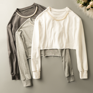 春秋外贸韩版新款 青春靓丽 休闲时尚 短款圆领长袖套头卫衣