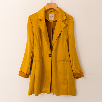 中长开衫纯色翻领仿麂皮外套潮