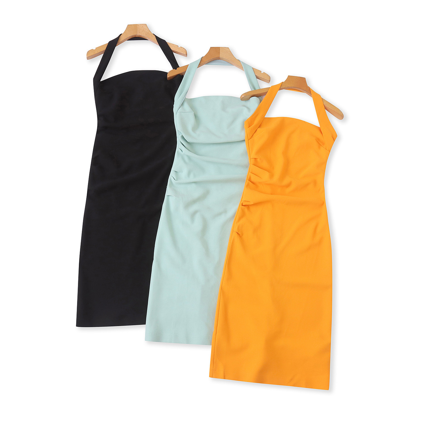 挂脖方领中长连衣裙 腰侧捏褶修身包臀裙 纯欲风挂脖露肩显瘦裙子