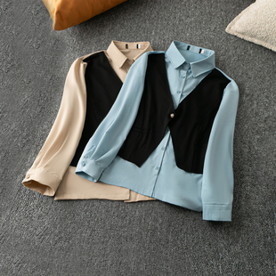 春秋外贸韩版新款   活泼减龄  假两件设计  翻领长袖单排扣衬衫