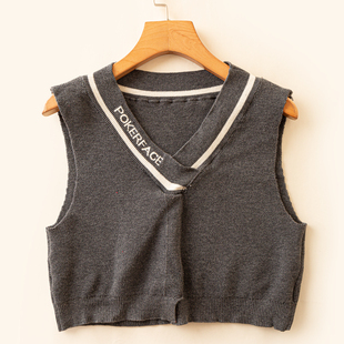 学院风V领小背心 上衣内搭外穿时尚 修身 纯色针织衫 马甲 短款 秋冬款