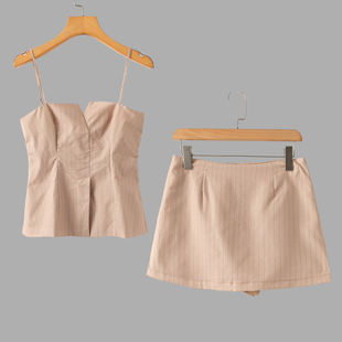 新款 半身短裙裤 套装 吊带抹胸上衣 两件套 条纹 春夏外贸韩版