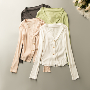 春秋外贸韩版新款 百搭简约 青春靓丽 短款V领长袖三粒扣针织上衣