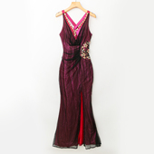 V领无袖 气质韩版 礼服裙 双层设计 腰间领口珠子 新款 宴会服