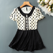 夏款 女娃娃领圆点撞色清新宽松短袖 甜美百褶学生显瘦百搭上衣T恤
