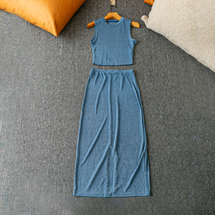 两件套 短款 圆领无袖 夏季 松紧腰半身裙套装 新款 套头上衣 外贸韩版