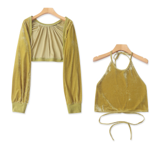 系带挂脖背心 两件套 短款 金丝绒外套开衫 春秋外贸韩版 套装 新款