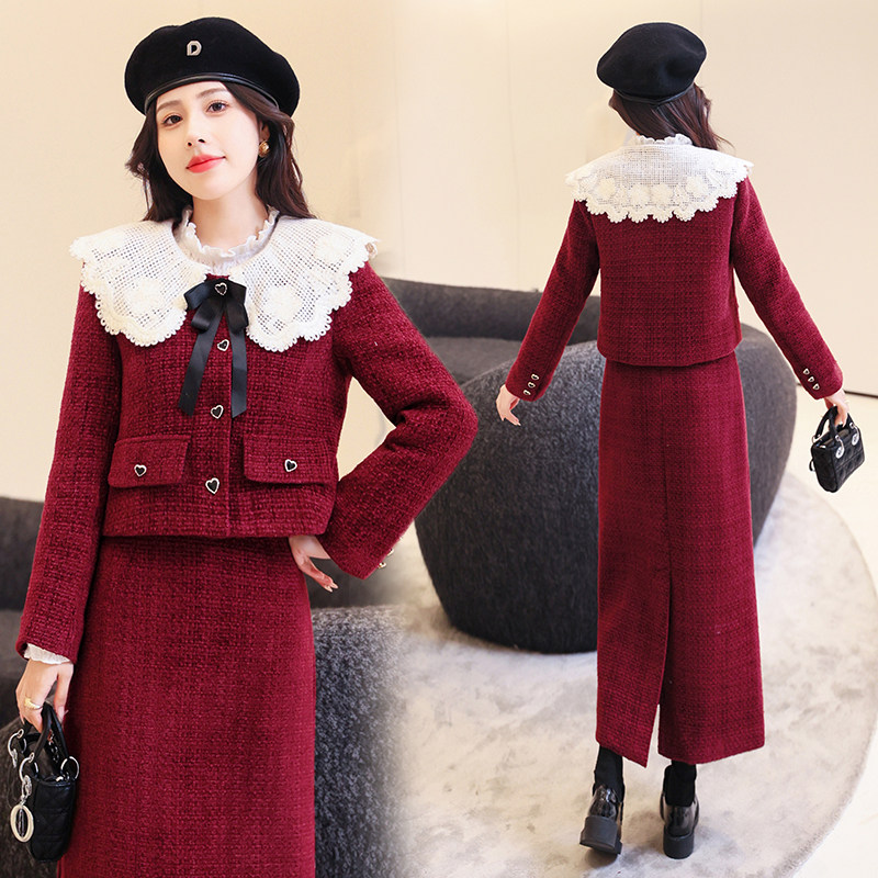 2024春季小香风套装裙女名媛气质新款红色毛呢外套时尚洋气两件套,女装/女士精品,时尚套装,淘宝优惠券,粉丝福利购,淘宝优惠卷