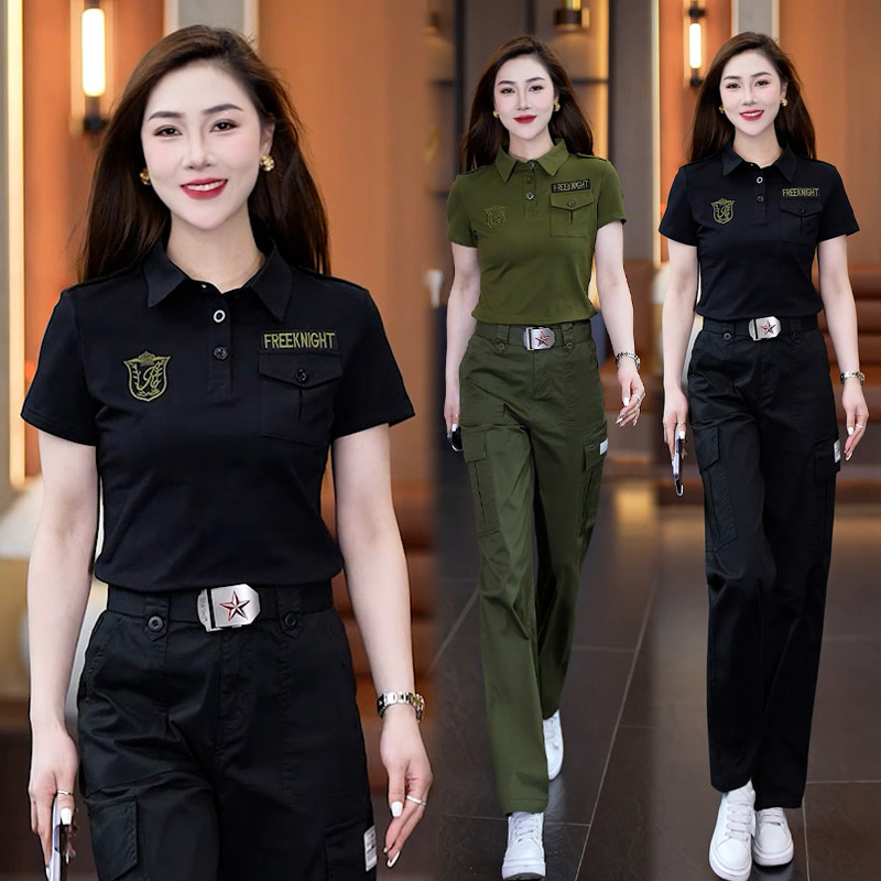 高档夏季套装迷彩服女新款显瘦短袖长裤水兵两件套黑色休闲工装裤
