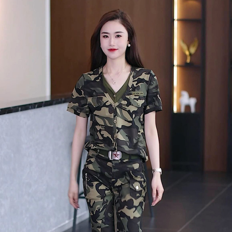 高档秋季新款军绿V领工装裤女裤春秋长裤子上衣迷彩运动套装女919