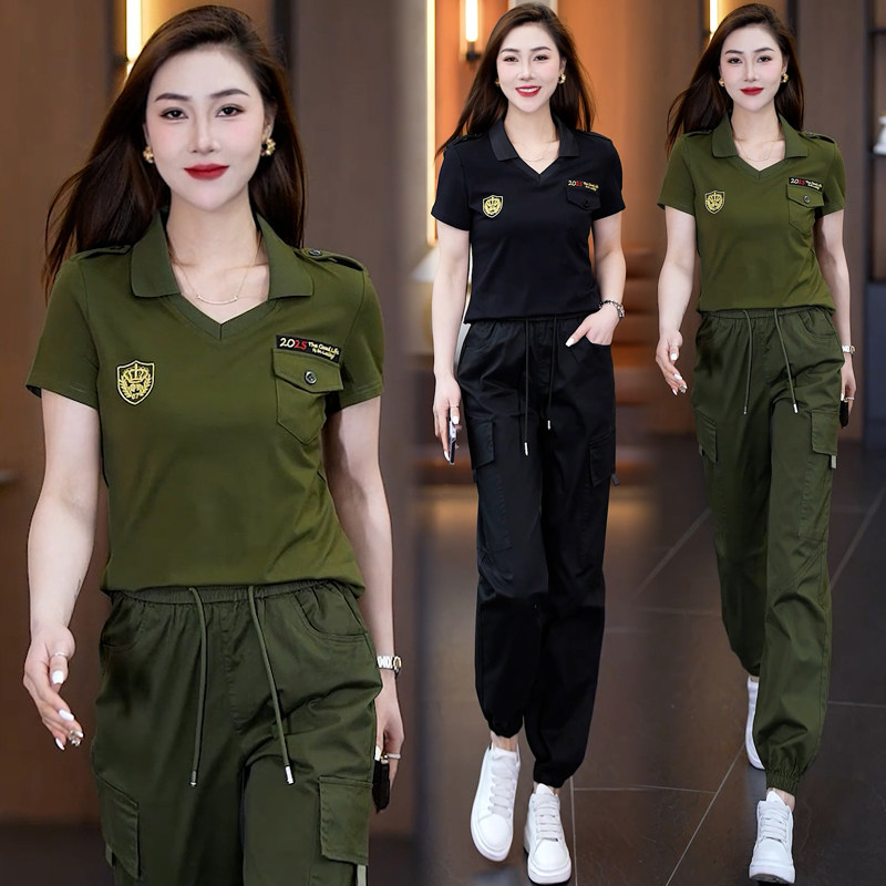 高档军绿短袖体恤套装女